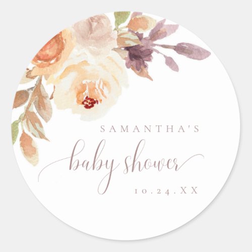 Boho Floral Burnt Orange Baby Shower  Classic Round Sticker