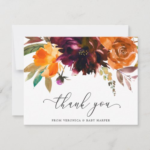 Boho Floral Burnt Orange Burgundy Baby Shower Thank You Card