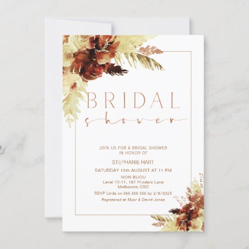 Boho Floral Burnt Orange Calligraphy Bridal Shower Invitation