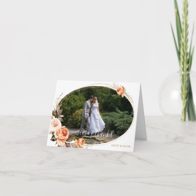 Boho Floral Burnt Orange Love and Thanks Wedding Thank You Card (Front)