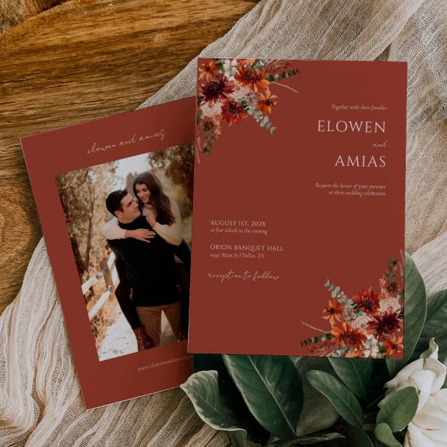 Boho Floral Burnt Orange Wedding Invitation (Creator Uploaded)