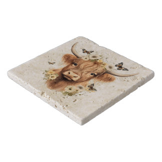 Boho Floral Butterfly Farmhouse Scottie Cow Trivet