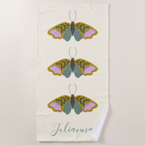 Boho Floral Butterfly Illustration Personalized  Beach Towel