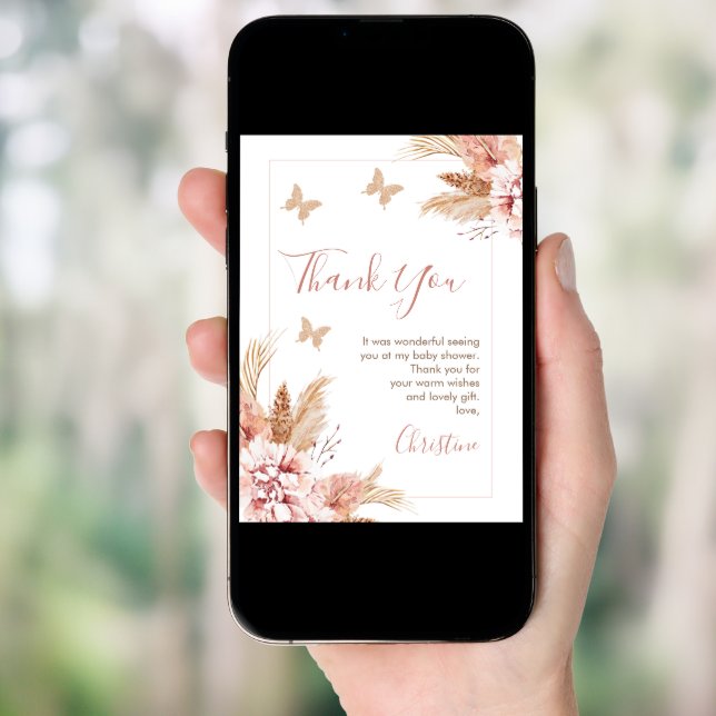 Boho Floral Butterfly Kisses Baby Shower Thank You Invitation (Front Digital)