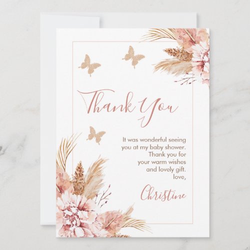 Boho Floral Butterfly Kisses Baby Shower Thank You Invitation