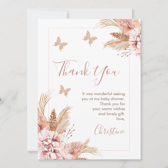 Boho Floral Butterfly Kisses Baby Shower Thank You Invitation (Front)