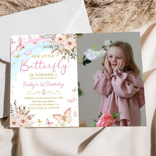 Boho Floral Butterfly Rainbow Birthday Photo Invitation (Creator Uploaded)
