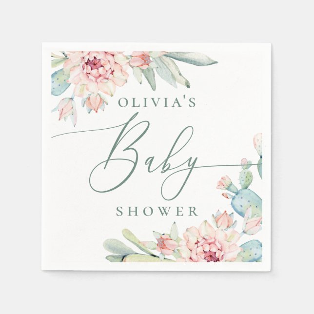 Boho Floral Cactus | Desert Botanical Baby Shower Napkins (Front)