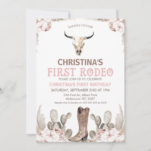 Boho Floral Cactus First Rodeo 1st Birthday Invitation