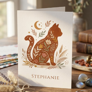 Boho Floral Celestial Cat Graphic Letterpress Thank You Card