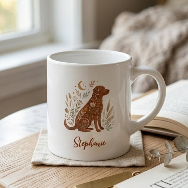 Boho Floral Celestial Dog Graphic Espresso Cup (Boho floral dog silhouette mug — unique holiday gift idea for the dog mom or animal lover.)