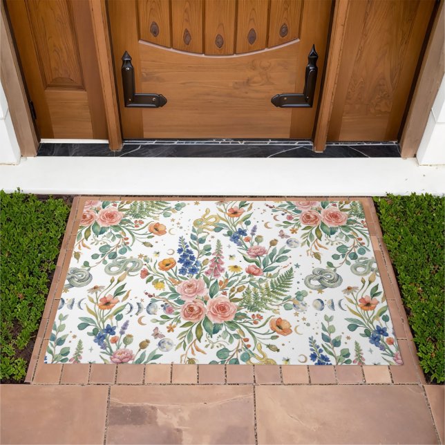 Boho Floral Celestial Moon  & Snakes Botanical Doormat (Outdoor)