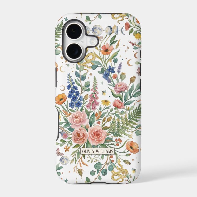 Boho Floral Celestial Moon  & Snakes Botanical iPhone Case (Back)