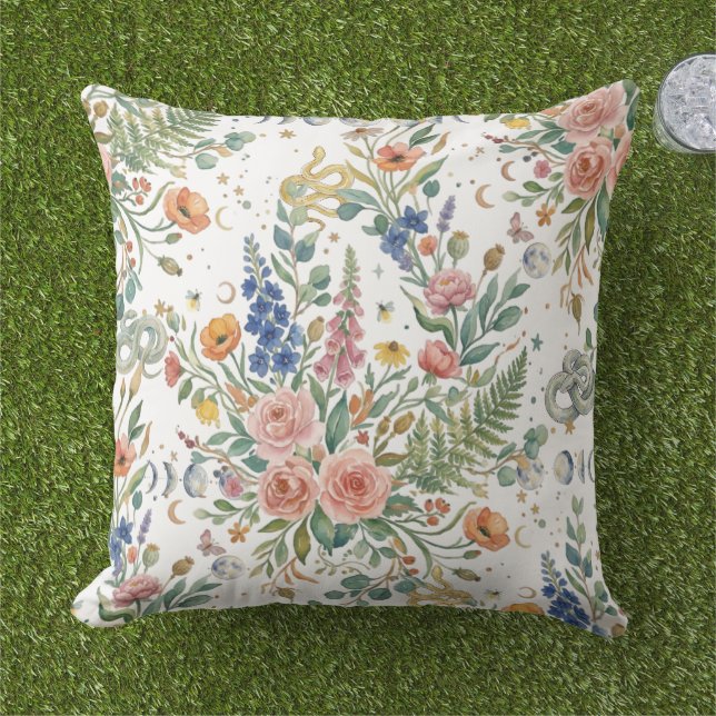 Boho Floral Celestial Moon  & Snakes Botanical Outdoor Pillow (Grass)