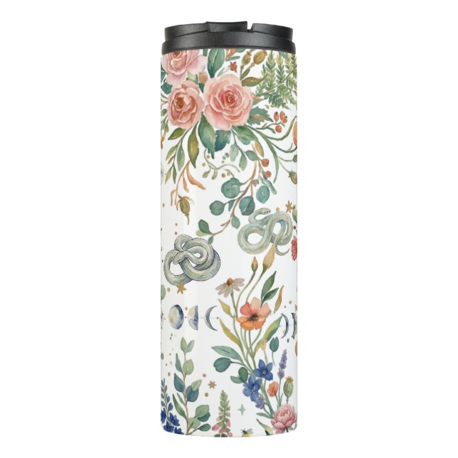 Boho Floral Celestial Moon  & Snakes Botanical Thermal Tumbler (Back)
