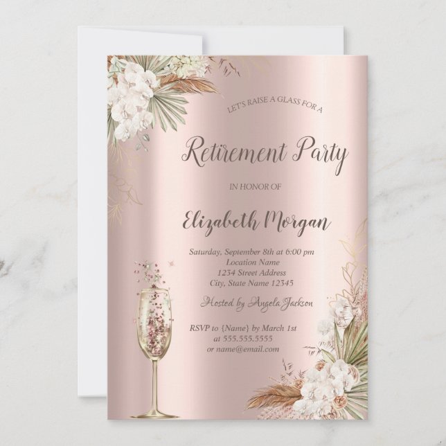 Boho Floral,Champagne Glass,Rose Gold Retirement Invitation (Front)