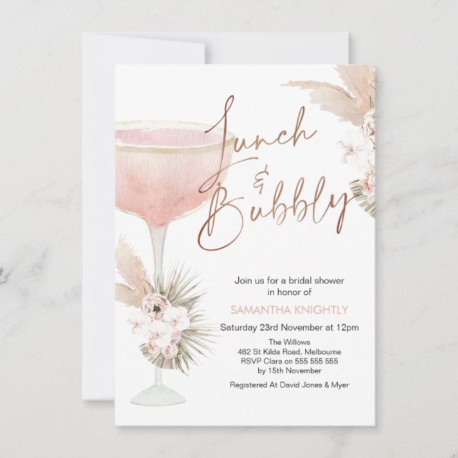 Boho Floral Champagne Lunch Bubbly Bridal Shower Invitation (Front)