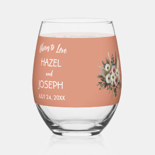 Boho Floral Cheers to Love Personalized Wedding  Stemless Wine Glass