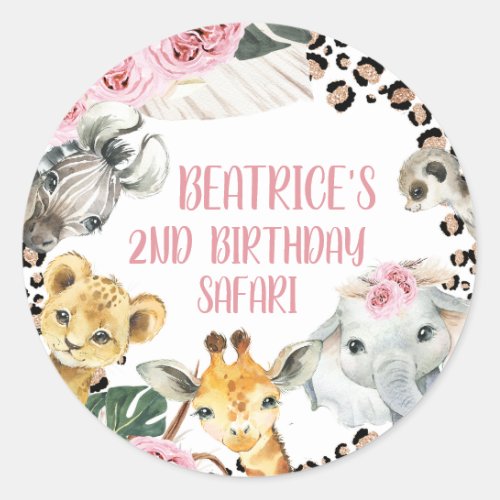 Boho Floral Cheetah Print Safari Birthday Party Classic Round Sticker