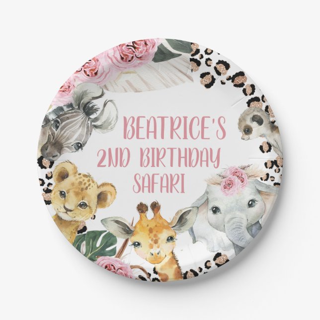Boho Floral Cheetah Print Safari Birthday Party Paper Plates (Front)