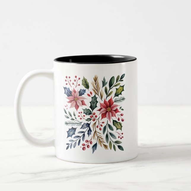 Boho Floral Christmas Holiday Winter Cute Holiday  Two-Tone Coffee Mug (Left)