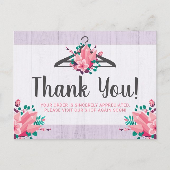 Boho Floral Clothes Hanger Boutique Thank You Postcard (Front)