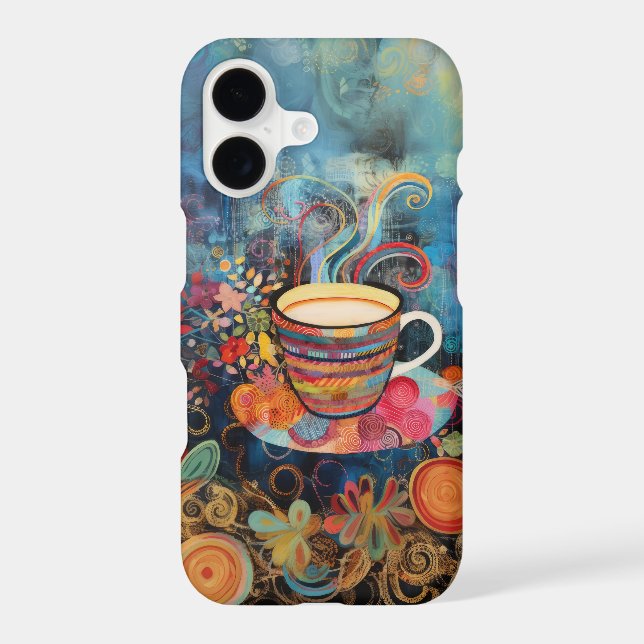 Boho Floral Coffee Cup – Artistic Café Collage iPhone Case (Back)