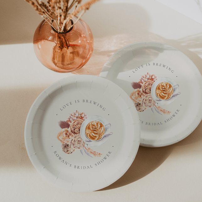 Boho Floral Coffee "Love is Brewing" Bridal Shower Paper Plates (Creator Uploaded)