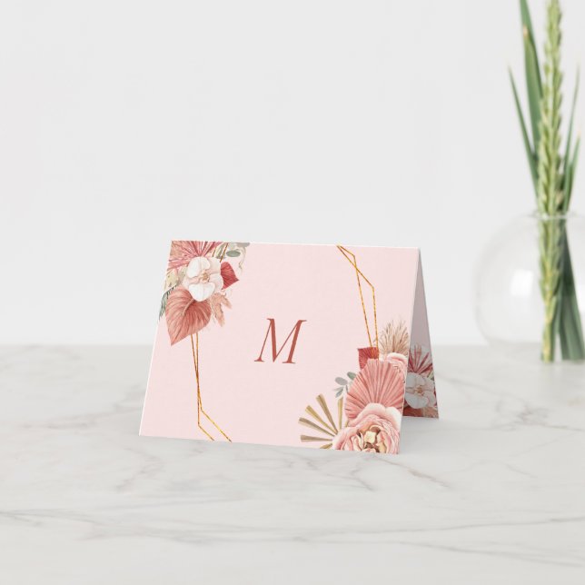 Boho Floral Collage Rose Monogram Note Card (Front)
