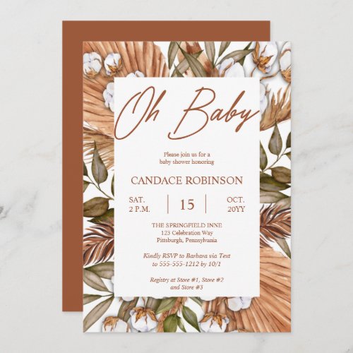 Boho Floral Cotton  Dried Grasses Baby Shower Inv Invitation