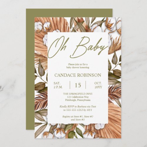 Boho Floral Cotton  Dried Grasses Baby Shower  Invitation