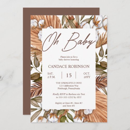 Boho Floral Cotton  Dried Grasses Baby Shower Invitation