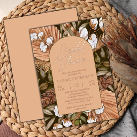 Boho Floral Cotton | Dried Grasses Bridal Shower  Foil Invitation