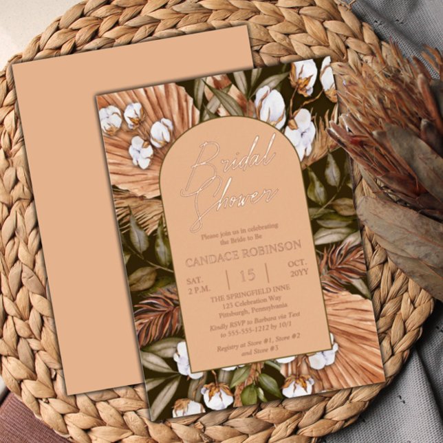 Boho Floral Cotton | Dried Grasses Bridal Shower  Foil Invitation (Creator Uploaded)