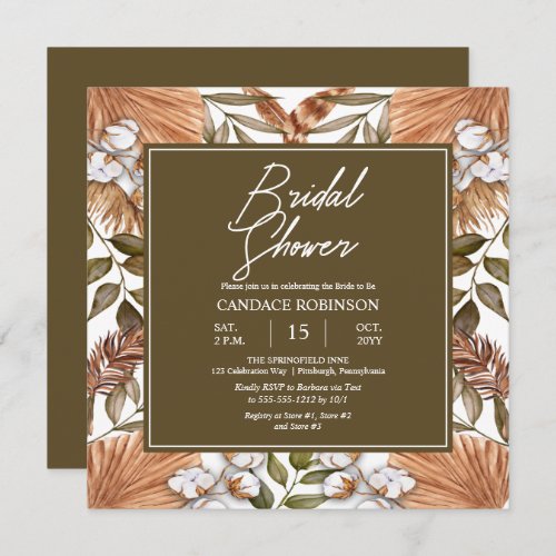 Boho Floral Cotton  Dried Grasses Bridal Shower   Invitation