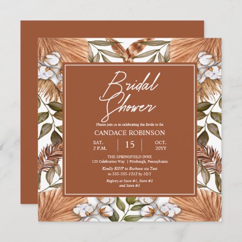 Boho Floral Cotton  Dried Grasses Bridal Shower   Invitation