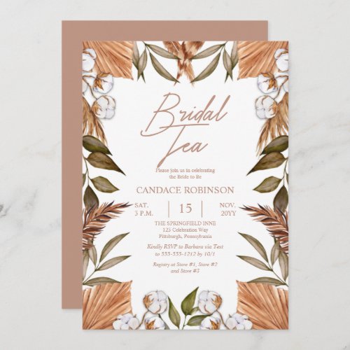 Boho Floral Cotton Dried Grasses Bridal Tea Shower Invitation