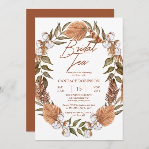 Boho Floral Cotton Dried Grasses Bridal Tea Shower Invitation