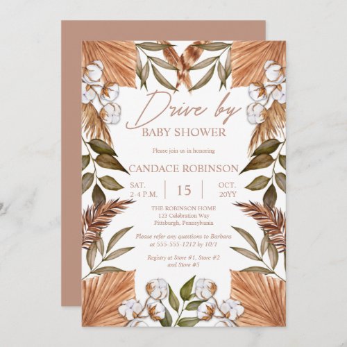 Boho Floral Cotton  Grasses Drive by Baby Shower  Invitation