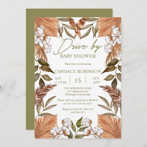 Boho Floral Cotton  Grasses Drive by Baby Shower Invitation