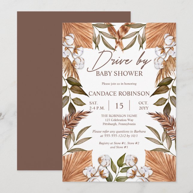 Boho Floral Cotton | Grasses Drive by Baby Shower  Invitation (Front/Back)