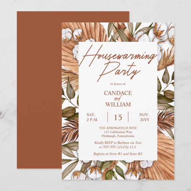 Boho Floral Cotton | Grasses Housewarming Party In Invitation (Front/Back)