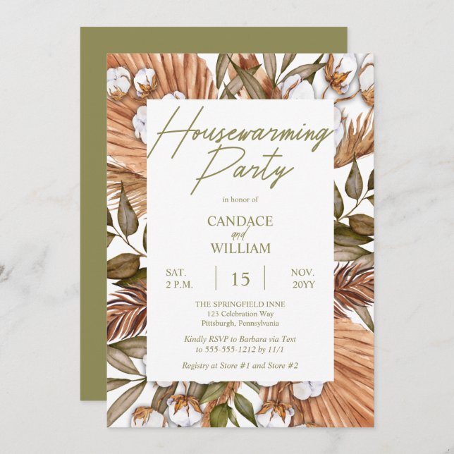 Boho Floral Cotton | Grasses Housewarming Party In Invitation (Front/Back)