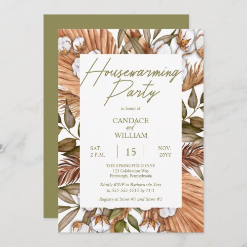 Boho Floral Cotton  Grasses Housewarming Party In Invitation