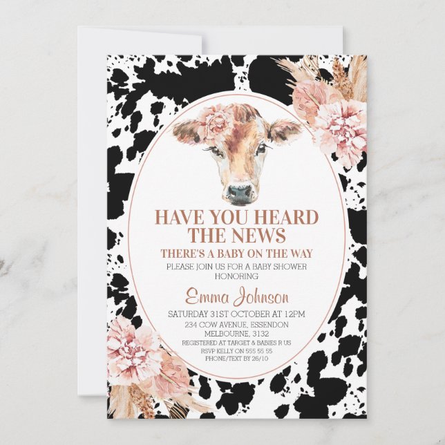 Boho Floral Cow Black Cow Print Baby Shower Invitation (Front)