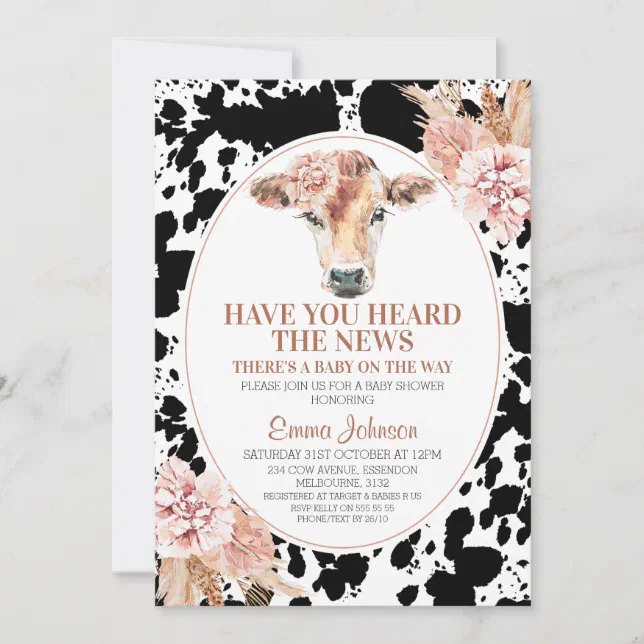 Boho Floral Cow Black Cow Print Baby Shower Invitation | Zazzle