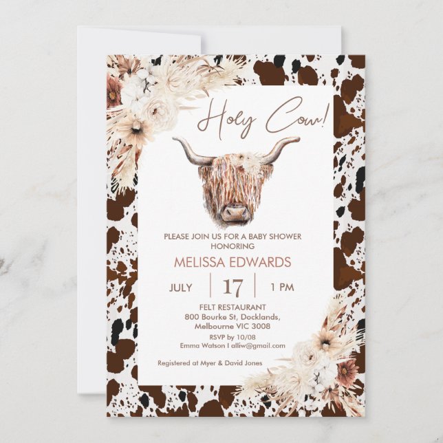 Boho Floral Cow Brown Cow Print Baby Shower Invitation (Front)