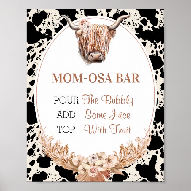 Boho Floral Cow Mom-osa Bar Baby Shower Sign (Front)