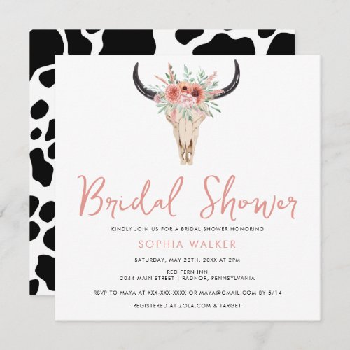 Boho Floral Cow Print Western Bridal Shower  Invitation