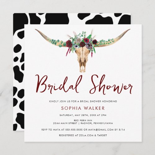 Boho Floral Cow Print Western Bridal Shower  Invitation